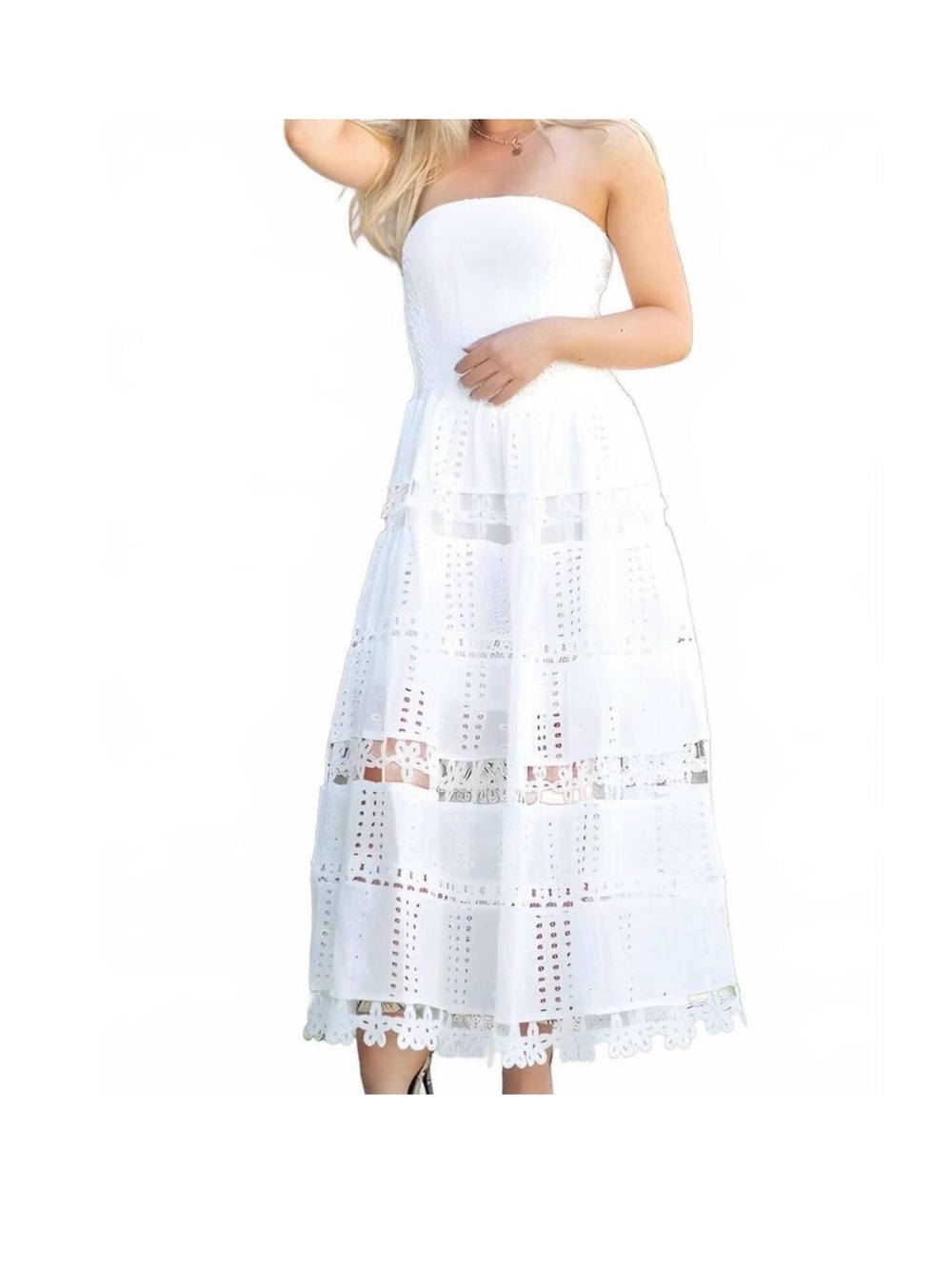 Strapless White Eyelet Midi Dress with Lace Panels